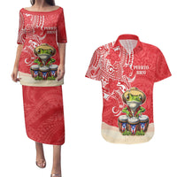 Personalized Puerto Rico Couples Matching Puletasi and Hawaiian Shirt Coqui Frog With Polynesian Pattern LT05 Red - Polynesian Pride