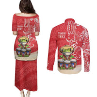 Personalized Puerto Rico Couples Matching Puletasi and Long Sleeve Button Shirt Coqui Frog With Polynesian Pattern LT05 - Polynesian Pride