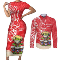Personalized Puerto Rico Couples Matching Short Sleeve Bodycon Dress and Long Sleeve Button Shirt Coqui Frog With Polynesian Pattern LT05 Red - Polynesian Pride
