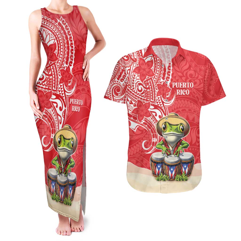 Personalized Puerto Rico Couples Matching Tank Maxi Dress and Hawaiian Shirt Coqui Frog With Polynesian Pattern - Polynesian Pride