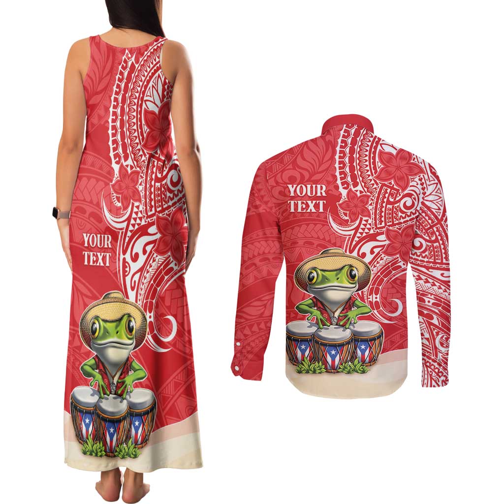 Personalized Puerto Rico Couples Matching Tank Maxi Dress and Long Sleeve Button Shirt Coqui Frog With Polynesian Pattern LT05 - Polynesian Pride