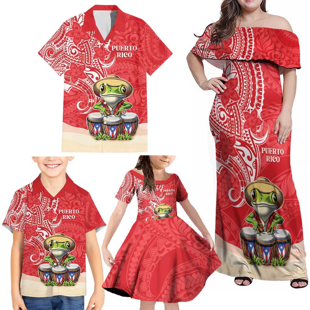 Personalized Puerto Rico Family Matching Off Shoulder Maxi Dress and Hawaiian Shirt Coqui Frog With Polynesian Pattern - Polynesian Pride