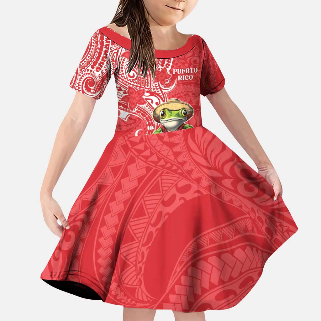 Personalized Puerto Rico Family Matching Puletasi and Hawaiian Shirt Coqui Frog With Polynesian Pattern LT05 Daughter's Dress Red - Polynesian Pride