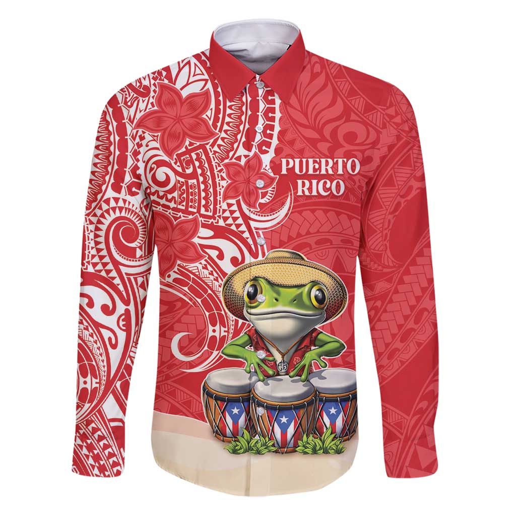 Personalized Puerto Rico Family Matching Puletasi and Hawaiian Shirt Coqui Frog With Polynesian Pattern LT05 Dad's Shirt - Long Sleeve Red - Polynesian Pride