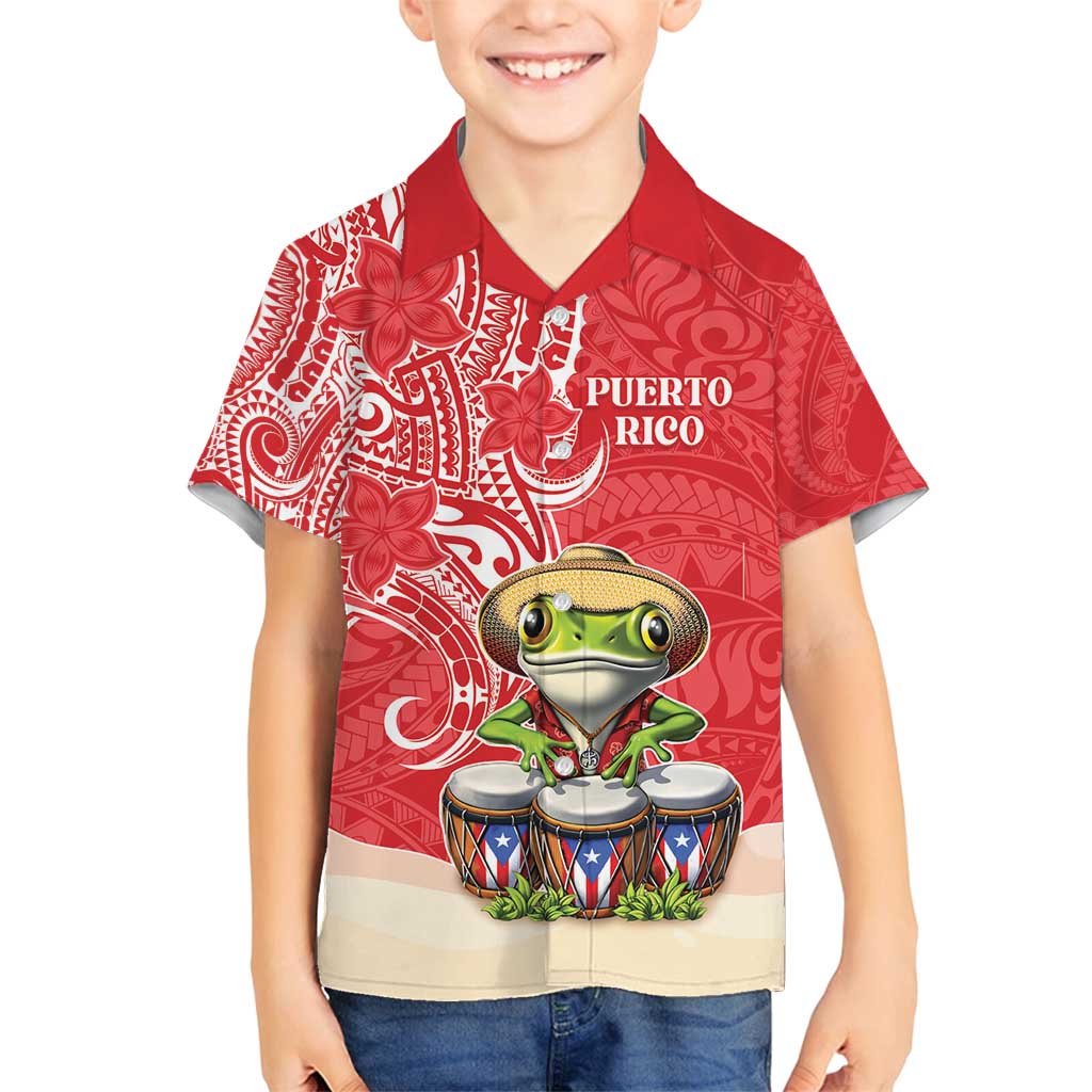 Personalized Puerto Rico Family Matching Puletasi and Hawaiian Shirt Coqui Frog With Polynesian Pattern LT05 Son's Shirt Red - Polynesian Pride