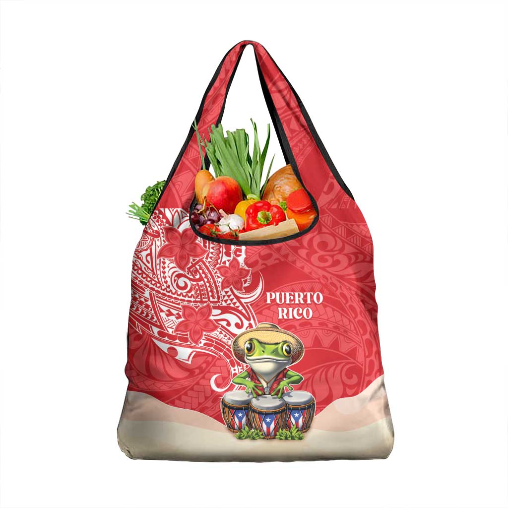 Puerto Rico Grocery Bag Coqui Frog With Polynesian Pattern LT05 1-pack One Size Red - Polynesian Pride