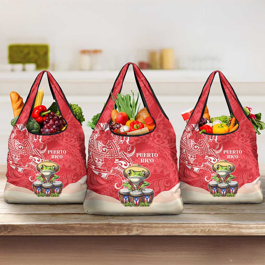Puerto Rico Grocery Bag Coqui Frog With Polynesian Pattern LT05 3-pack One Size Red - Polynesian Pride
