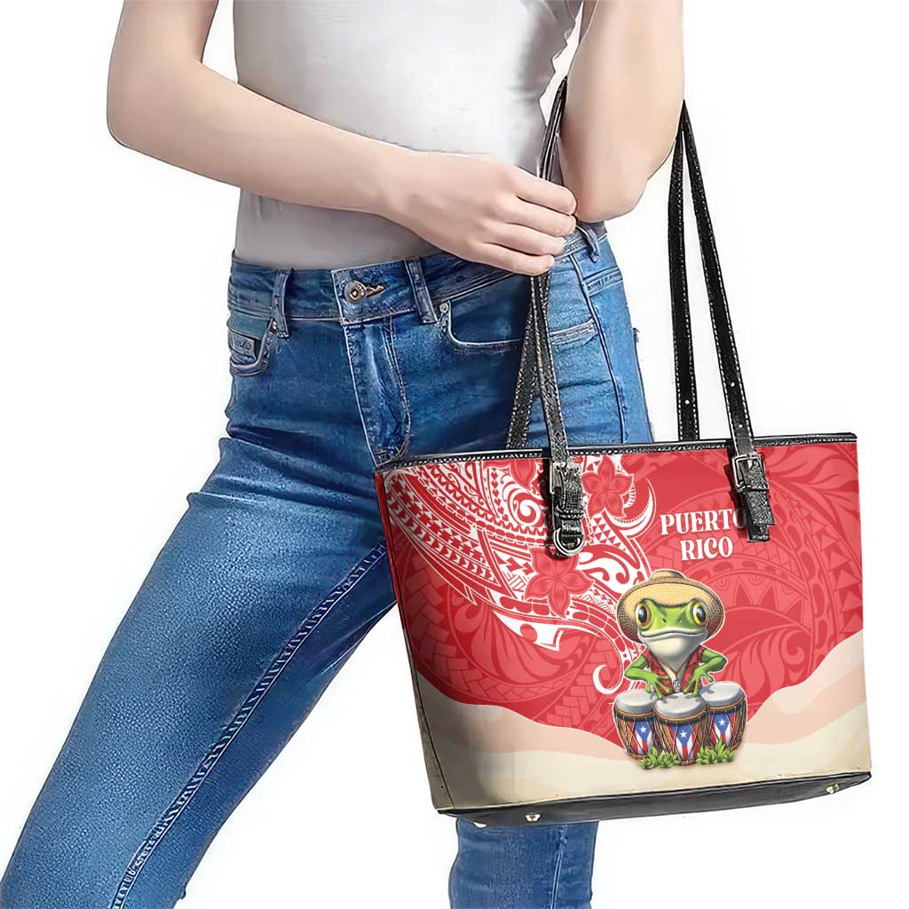 Puerto Rico Leather Tote Bag Coqui Frog With Polynesian Pattern - Polynesian Pride