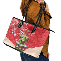 Puerto Rico Leather Tote Bag Coqui Frog With Polynesian Pattern - Polynesian Pride