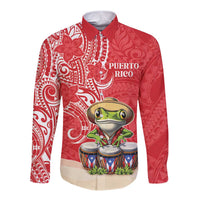 Personalized Puerto Rico Long Sleeve Button Shirt Coqui Frog With Polynesian Pattern LT05 Unisex Red - Polynesian Pride