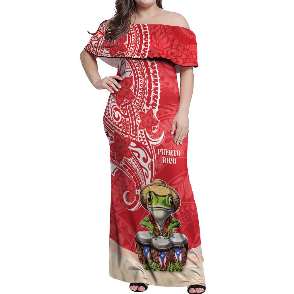 Personalized Puerto Rico Off Shoulder Maxi Dress Coqui Frog With Polynesian Pattern - Polynesian Pride