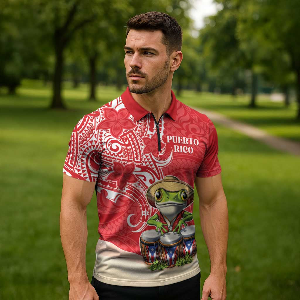 Personalized Puerto Rico Zipper Polo Shirt Coqui Frog With Polynesian Pattern LT05 - Polynesian Pride