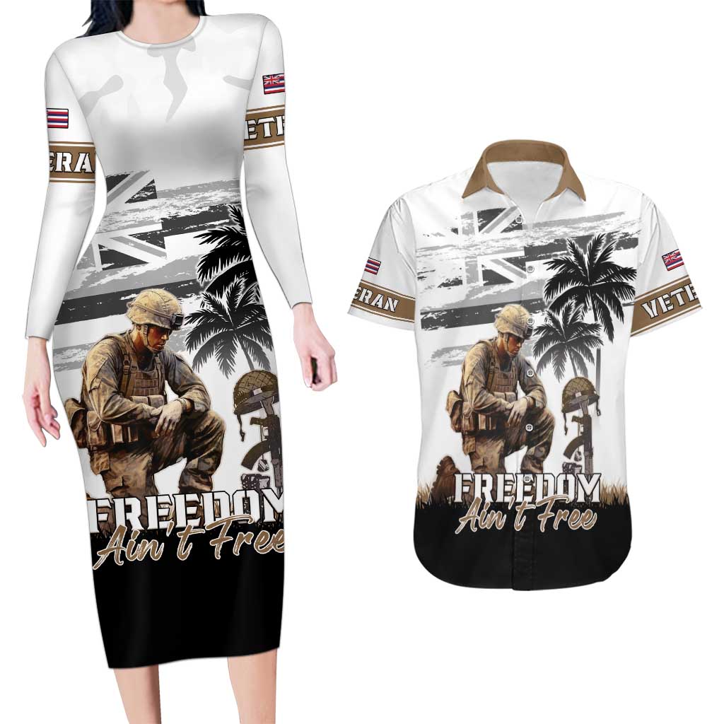 Hawaii Veterans Day Couples Matching Long Sleeve Bodycon Dress and Hawaiian Shirt Honor The Fallen Flag Grunge Style