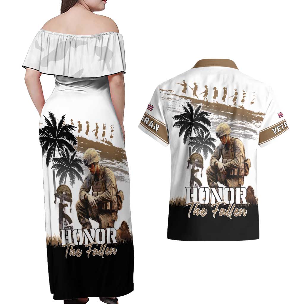 Hawaii Veterans Day Couples Matching Off Shoulder Maxi Dress and Hawaiian Shirt Honor The Fallen Flag Grunge Style