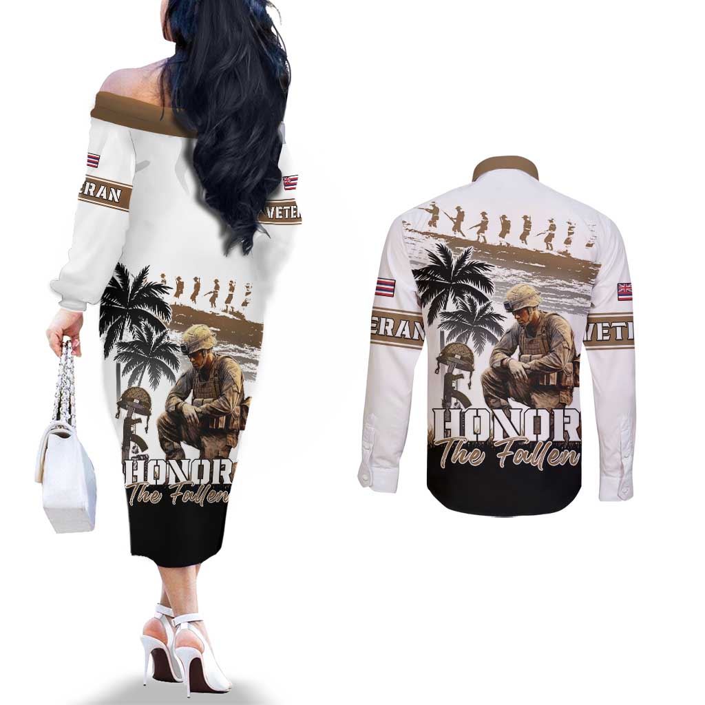 Hawaii Veterans Day Couples Matching Off The Shoulder Long Sleeve Dress and Long Sleeve Button Shirt Honor The Fallen Flag Grunge Style LT05 - Polynesian Pride