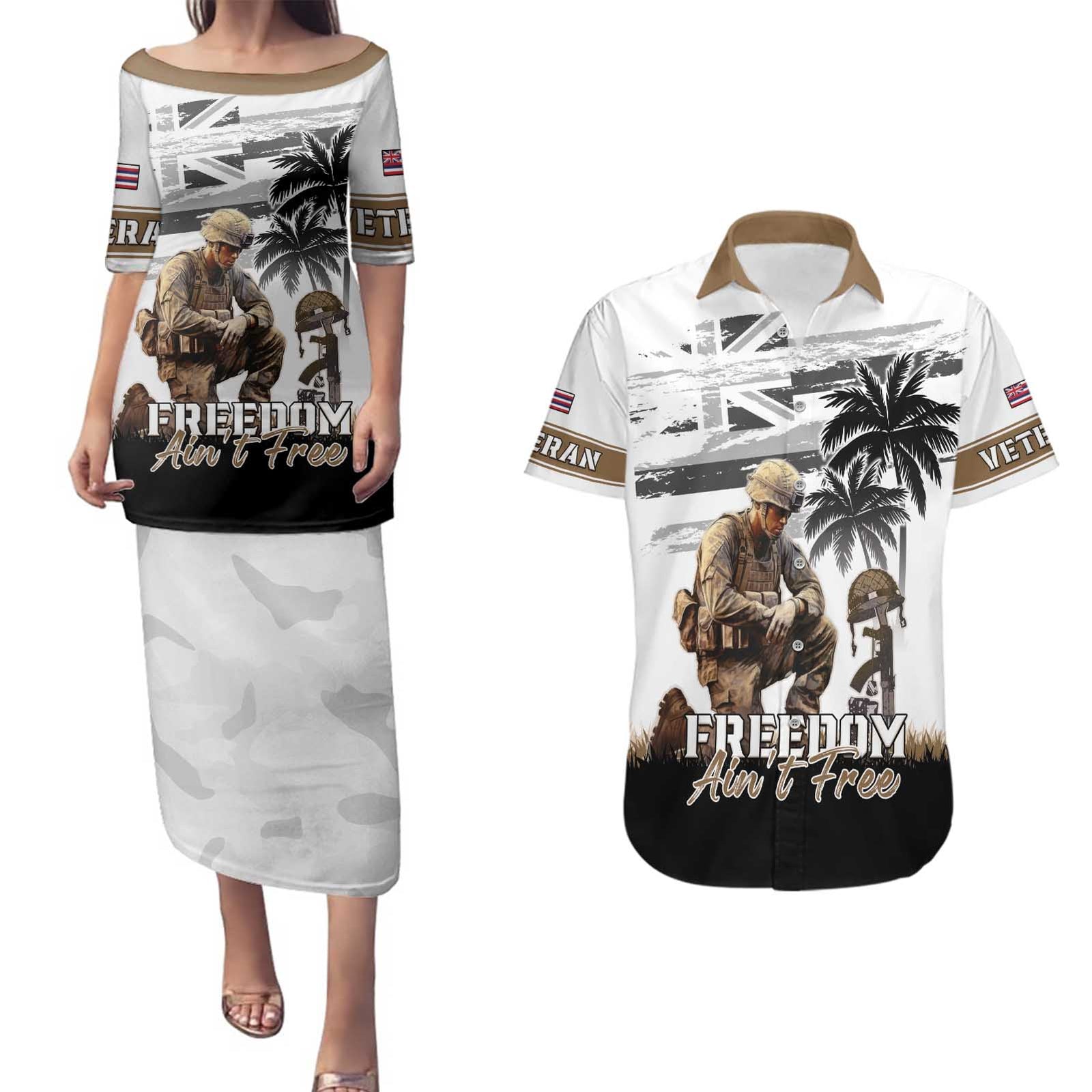 Hawaii Veterans Day Couples Matching Puletasi and Hawaiian Shirt Honor The Fallen Flag Grunge Style LT05 White - Polynesian Pride