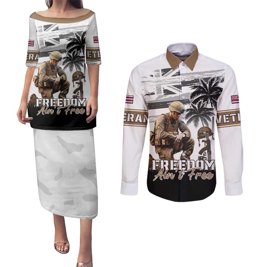 Hawaii Veterans Day Couples Matching Puletasi and Long Sleeve Button Shirt Honor The Fallen Flag Grunge Style LT05 White - Polynesian Pride