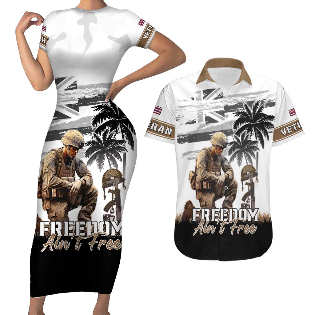 Hawaii Veterans Day Couples Matching Short Sleeve Bodycon Dress and Hawaiian Shirt Honor The Fallen Flag Grunge Style LT05 White - Polynesian Pride