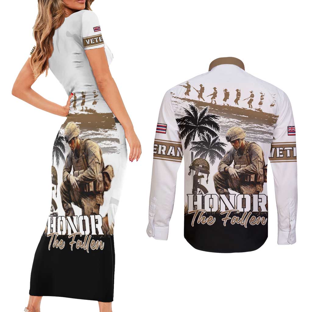 Hawaii Veterans Day Couples Matching Short Sleeve Bodycon Dress and Long Sleeve Button Shirt Honor The Fallen Flag Grunge Style LT05 - Polynesian Pride