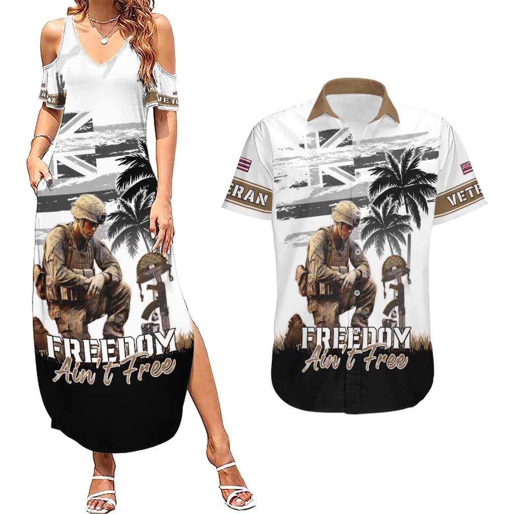 Hawaii Veterans Day Couples Matching Summer Maxi Dress and Hawaiian Shirt Honor The Fallen Flag Grunge Style LT05 White - Polynesian Pride