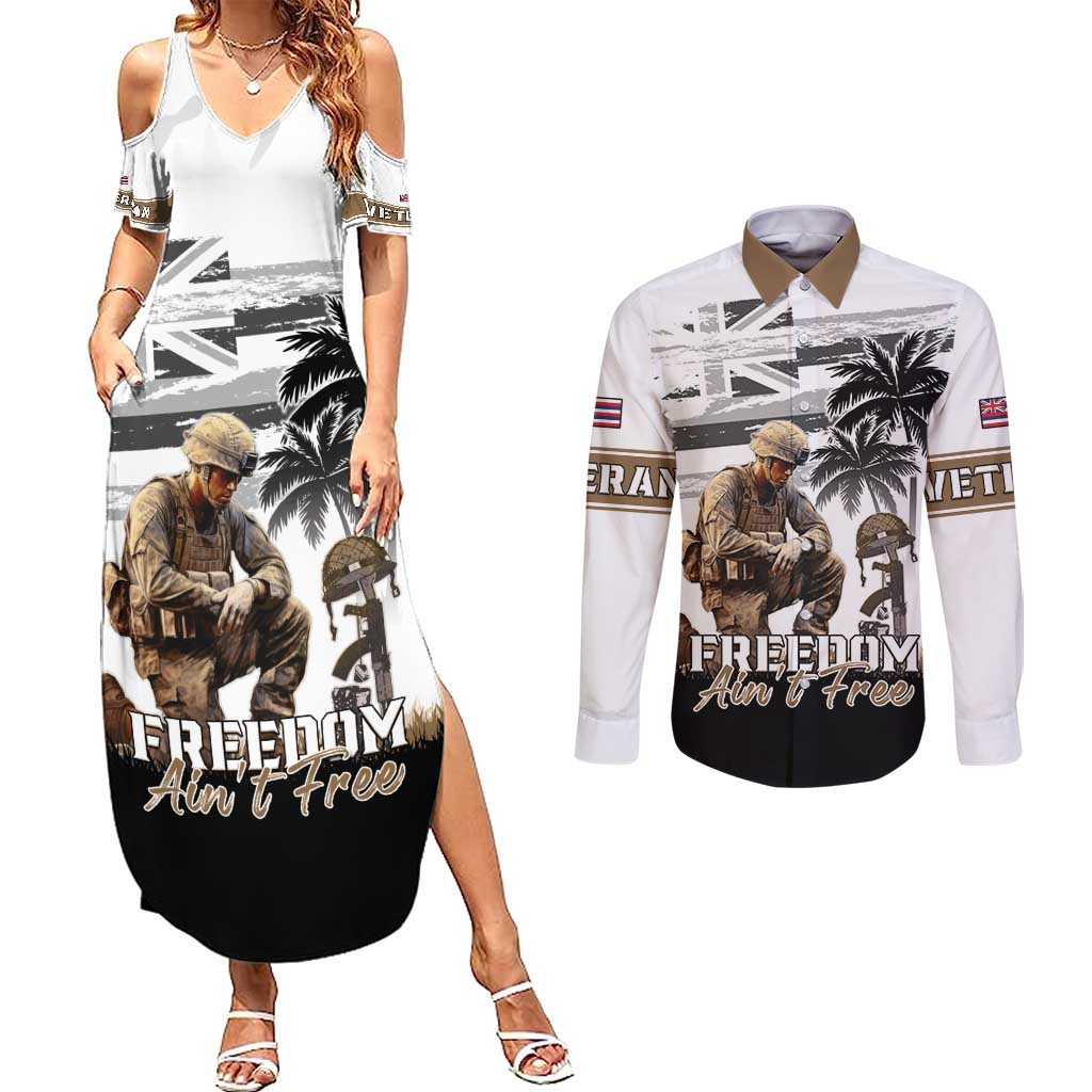 Hawaii Veterans Day Couples Matching Summer Maxi Dress and Long Sleeve Button Shirt Honor The Fallen Flag Grunge Style LT05 White - Polynesian Pride