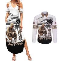 Hawaii Veterans Day Couples Matching Summer Maxi Dress and Long Sleeve Button Shirt Honor The Fallen Flag Grunge Style LT05 White - Polynesian Pride