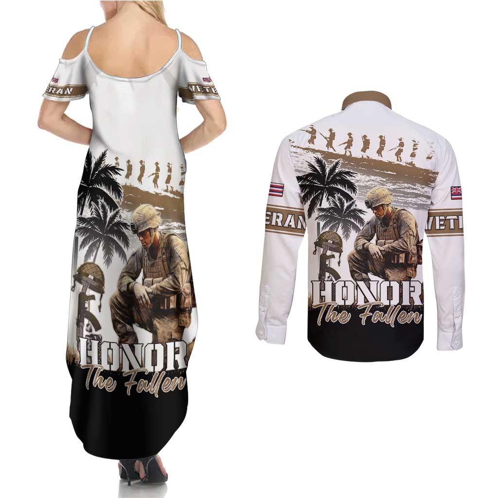 Hawaii Veterans Day Couples Matching Summer Maxi Dress and Long Sleeve Button Shirt Honor The Fallen Flag Grunge Style LT05 - Polynesian Pride