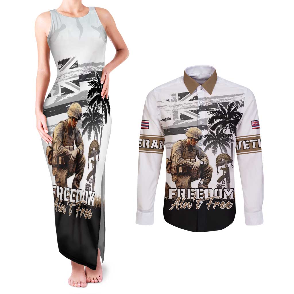 Hawaii Veterans Day Couples Matching Tank Maxi Dress and Long Sleeve Button Shirt Honor The Fallen Flag Grunge Style LT05 White - Polynesian Pride