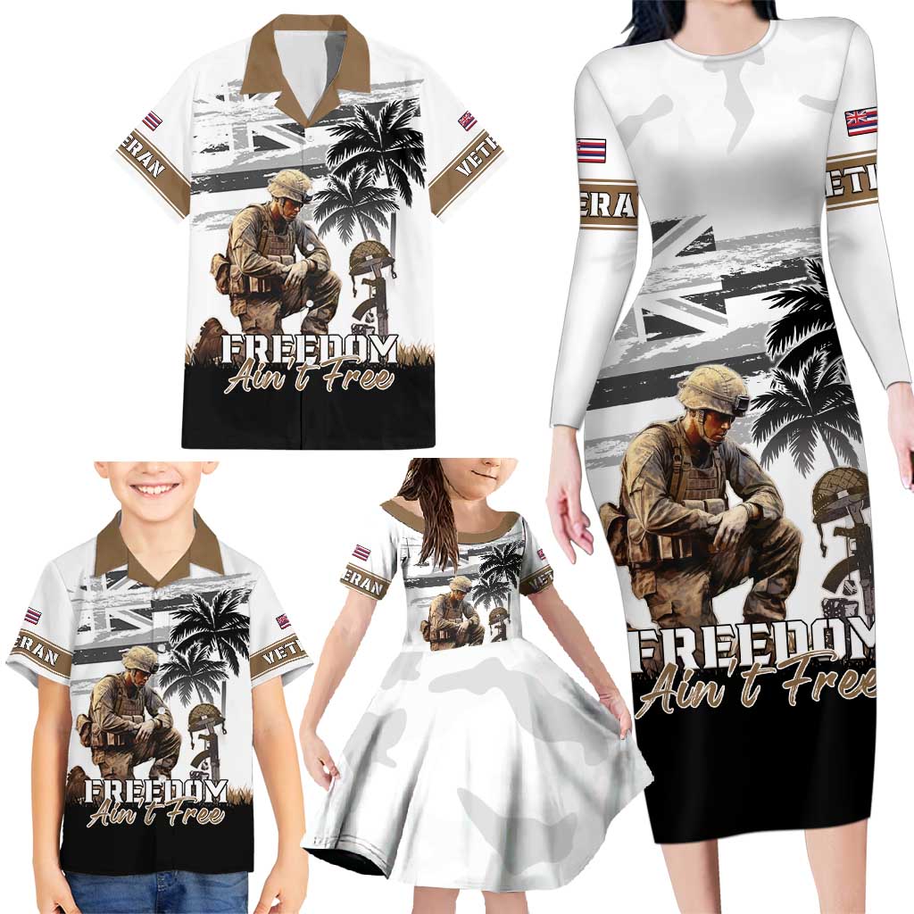 Hawaii Veterans Day Family Matching Long Sleeve Bodycon Dress and Hawaiian Shirt Honor The Fallen Flag Grunge Style