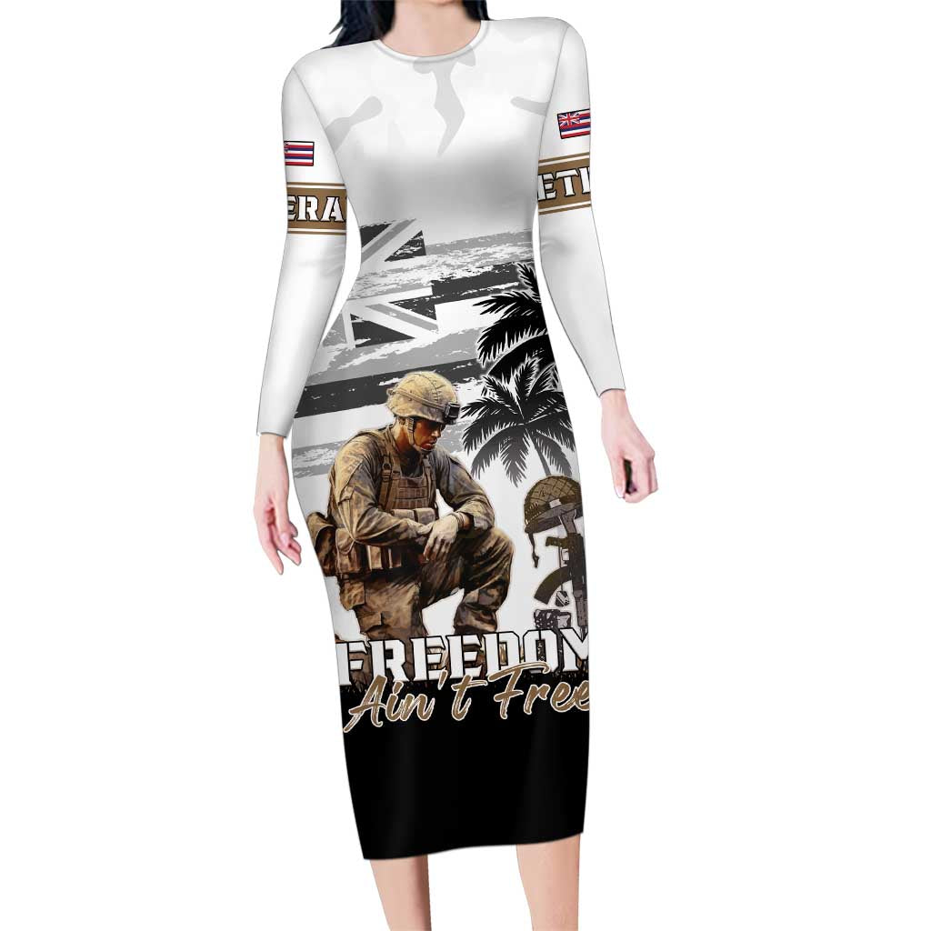 Hawaii Veterans Day Family Matching Long Sleeve Bodycon Dress and Hawaiian Shirt Honor The Fallen Flag Grunge Style LT05 Mom's Dress White - Polynesian Pride