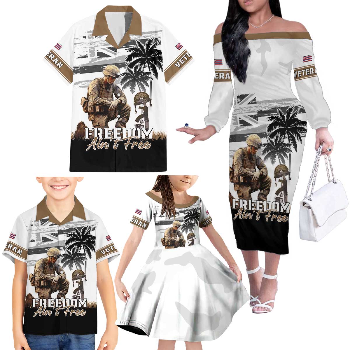 Hawaii Veterans Day Family Matching Off The Shoulder Long Sleeve Dress and Hawaiian Shirt Honor The Fallen Flag Grunge Style