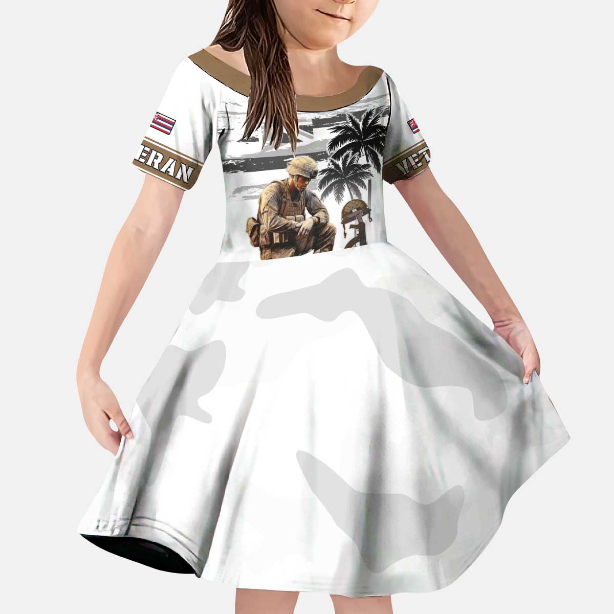 Hawaii Veterans Day Kid Short Sleeve Dress Honor The Fallen Flag Grunge Style