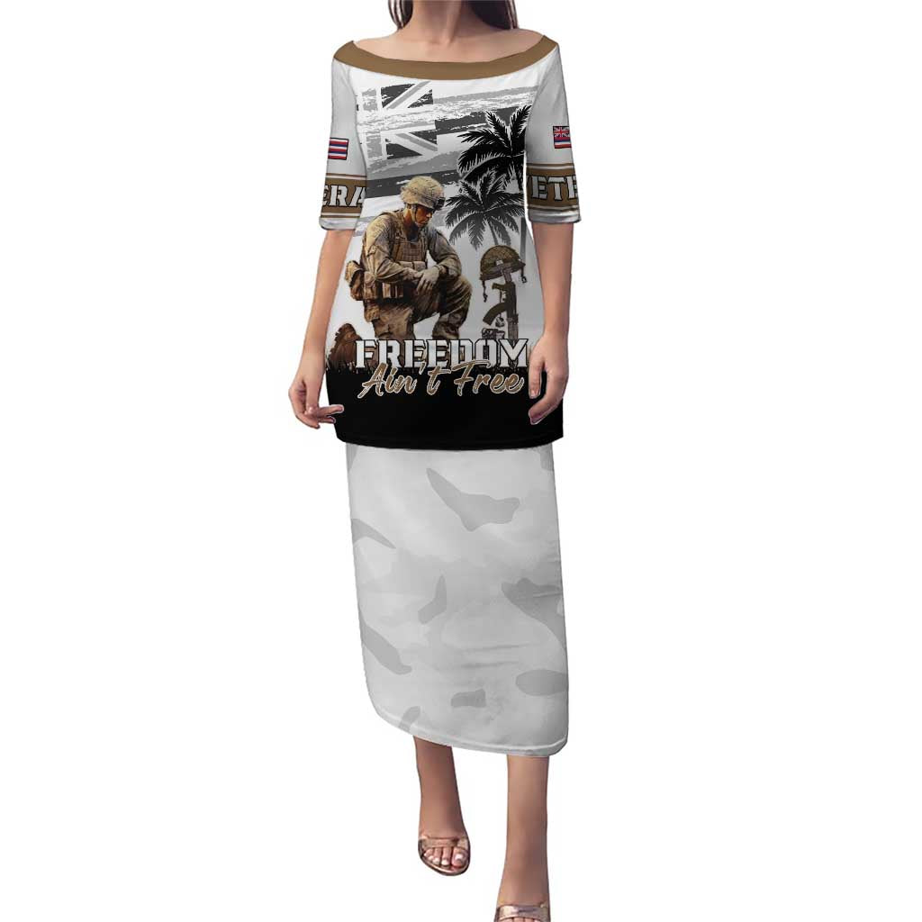 Hawaii Veterans Day Puletasi Honor The Fallen Flag Grunge Style LT05 Long Dress White - Polynesian Pride