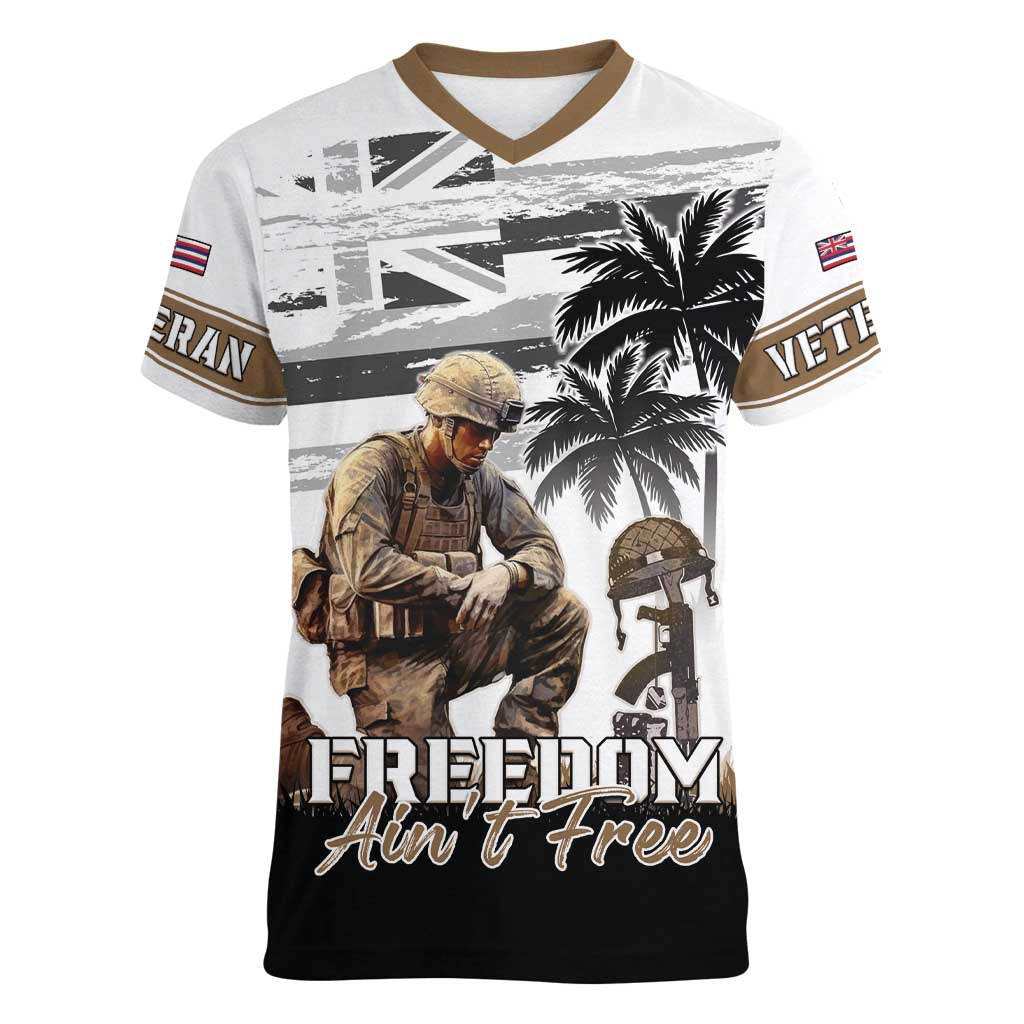Hawaii Veterans Day Women V-Neck T-Shirt Honor The Fallen Flag Grunge Style LT05 Female White - Polynesian Pride