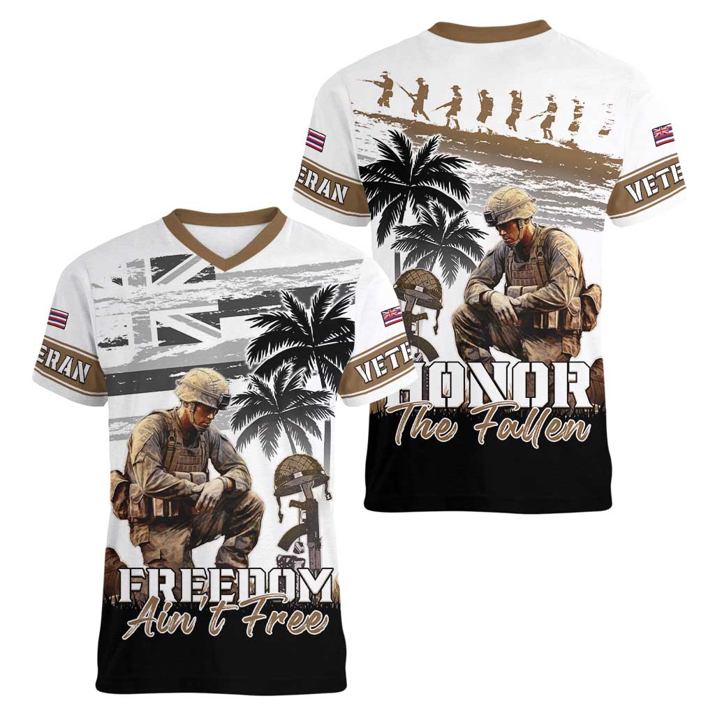Hawaii Veterans Day Women V-Neck T-Shirt Honor The Fallen Flag Grunge Style LT05 - Polynesian Pride