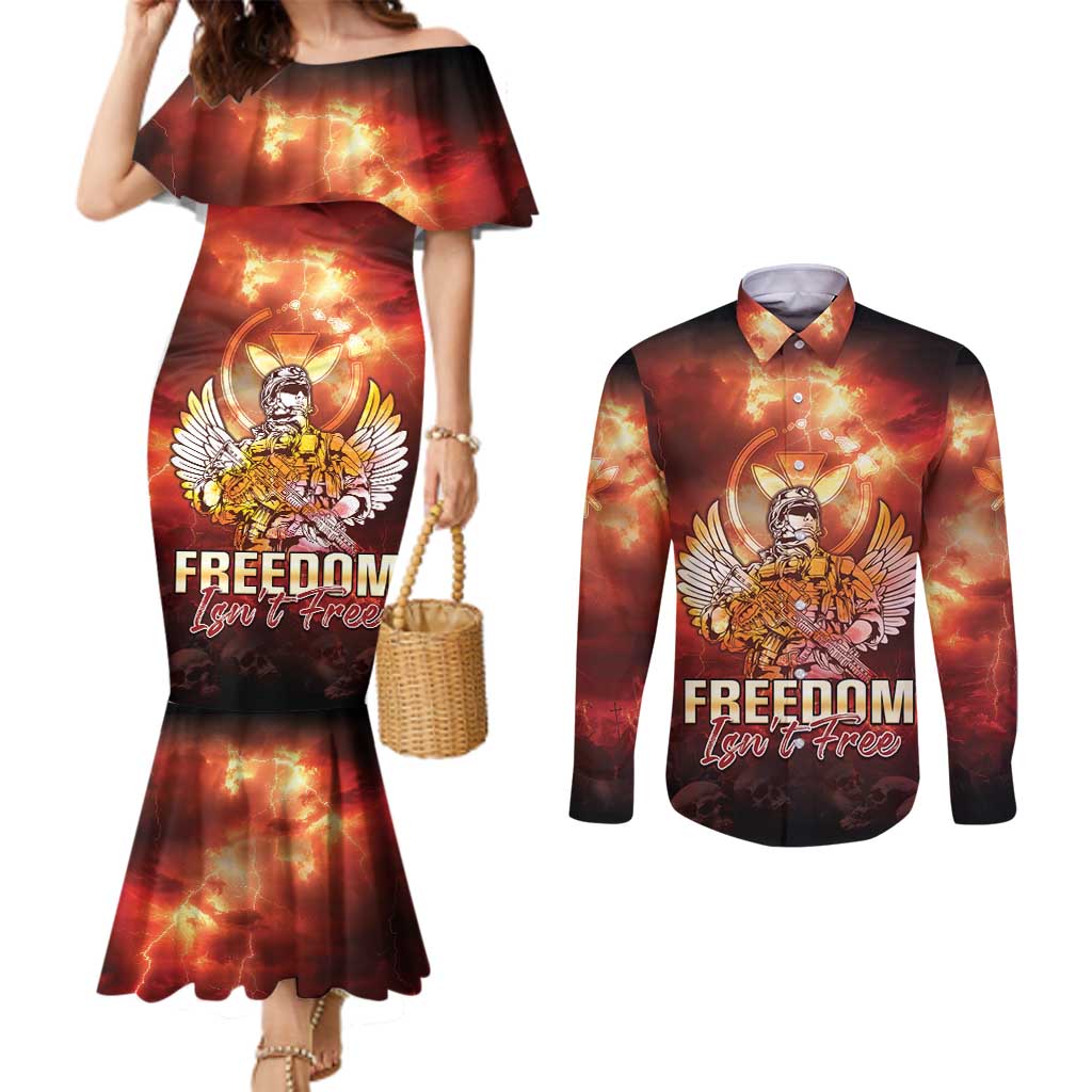 Hawaii Veterans Day Couples Matching Mermaid Dress and Long Sleeve Button Shirt May We Never Forget Freedom Isn't Free LT05 Red - Polynesian Pride