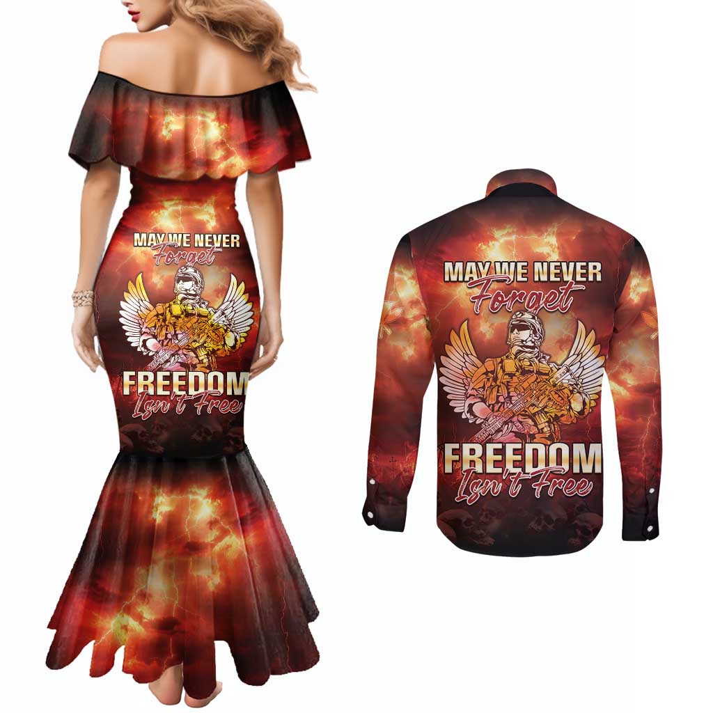 Hawaii Veterans Day Couples Matching Mermaid Dress and Long Sleeve Button Shirt May We Never Forget Freedom Isn't Free LT05 - Polynesian Pride