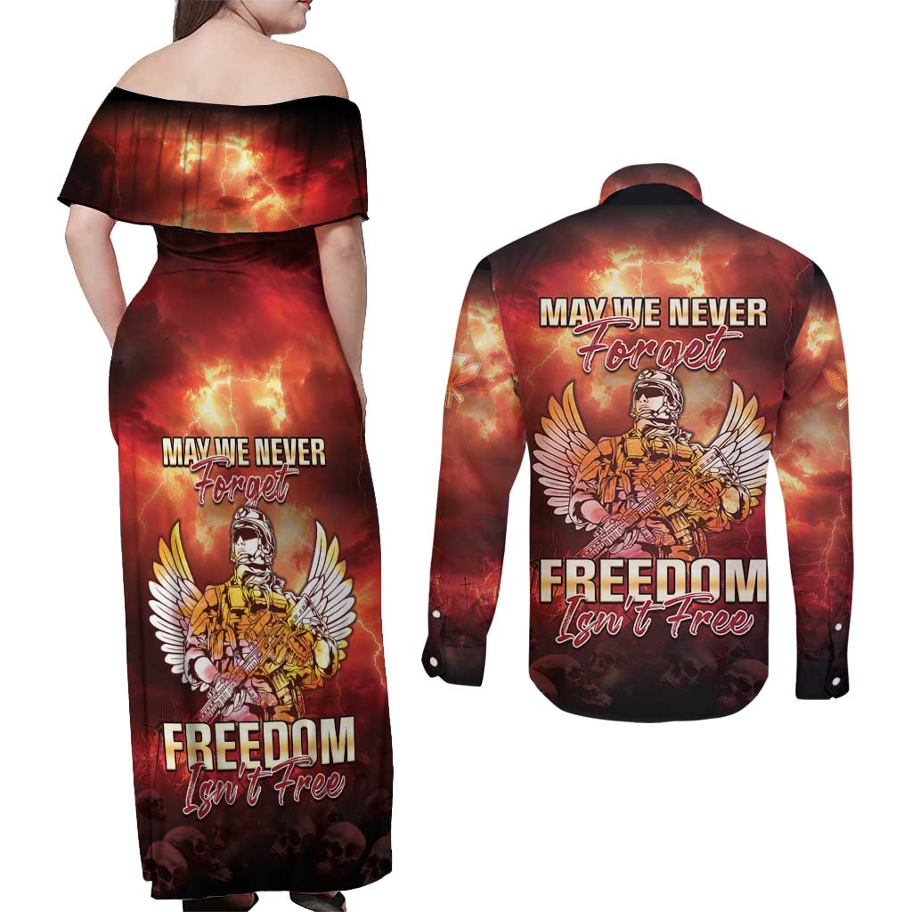 Hawaii Veterans Day Couples Matching Off Shoulder Maxi Dress and Long Sleeve Button Shirt May We Never Forget Freedom Isn't Free LT05 - Polynesian Pride