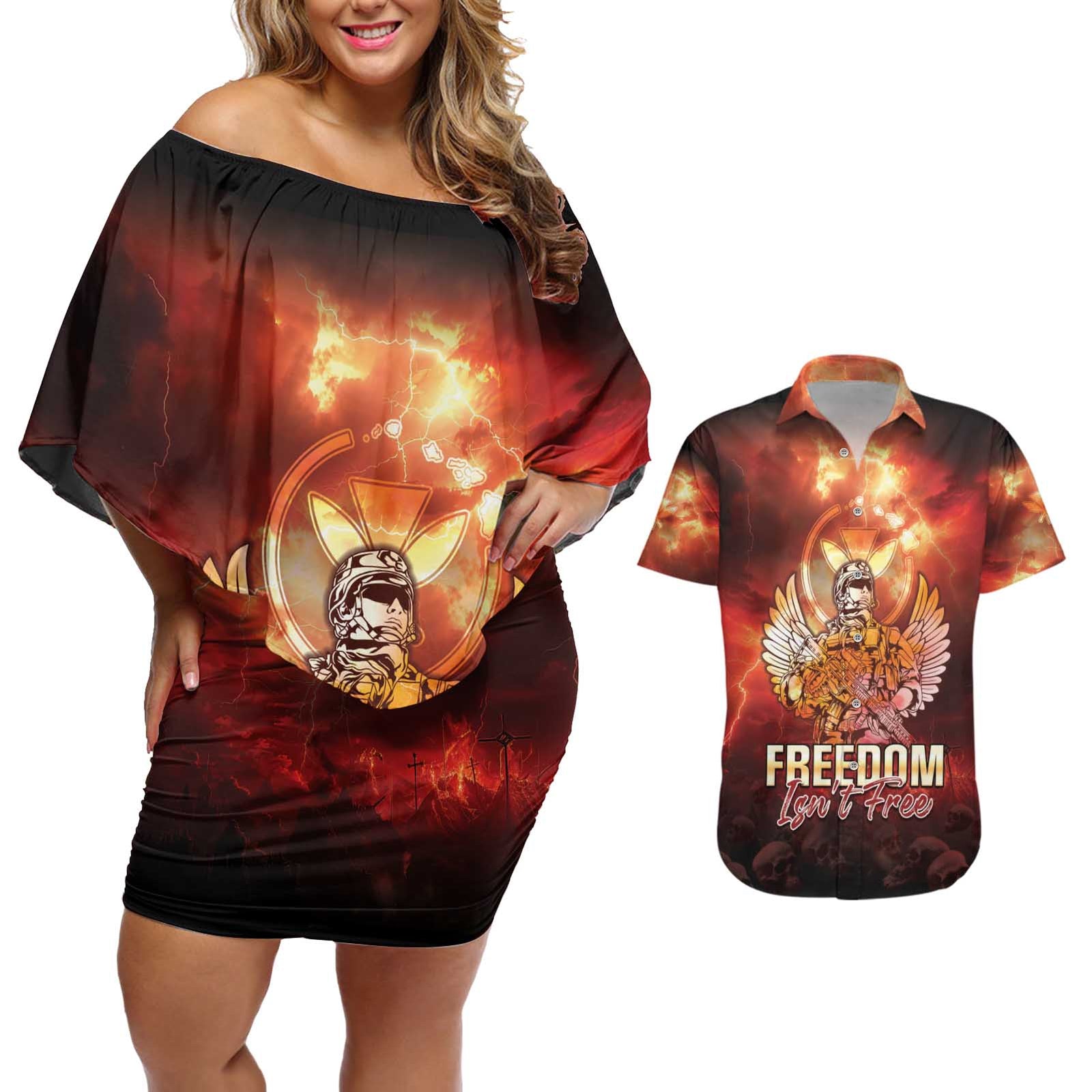 Hawaii Veterans Day Couples Matching Off Shoulder Short Dress and Hawaiian Shirt May We Never Forget Freedom Isn't Free LT05 Red - Polynesian Pride
