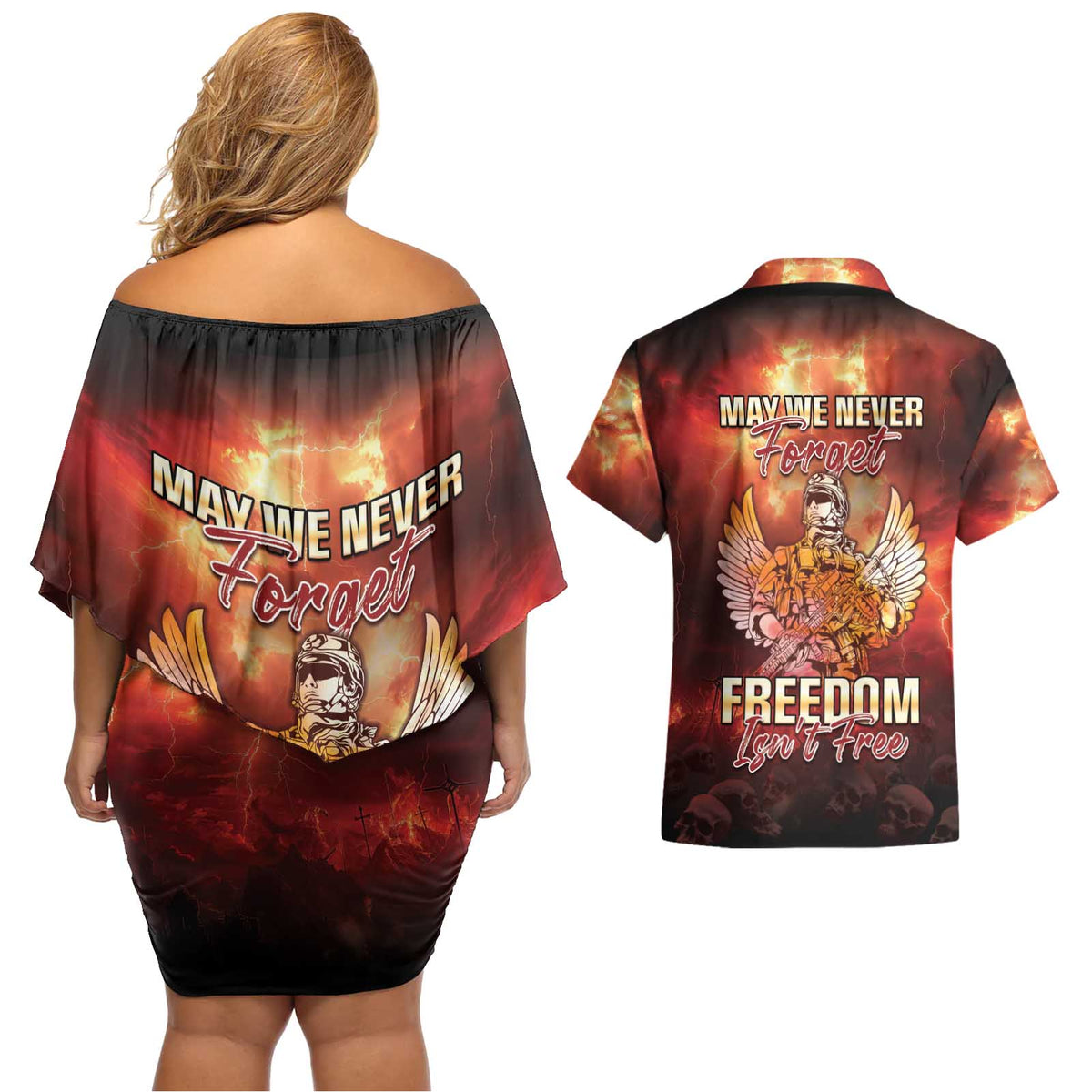Hawaii Veterans Day Couples Matching Off Shoulder Short Dress and Hawaiian Shirt May We Never Forget Freedom Isn't Free LT05 - Polynesian Pride