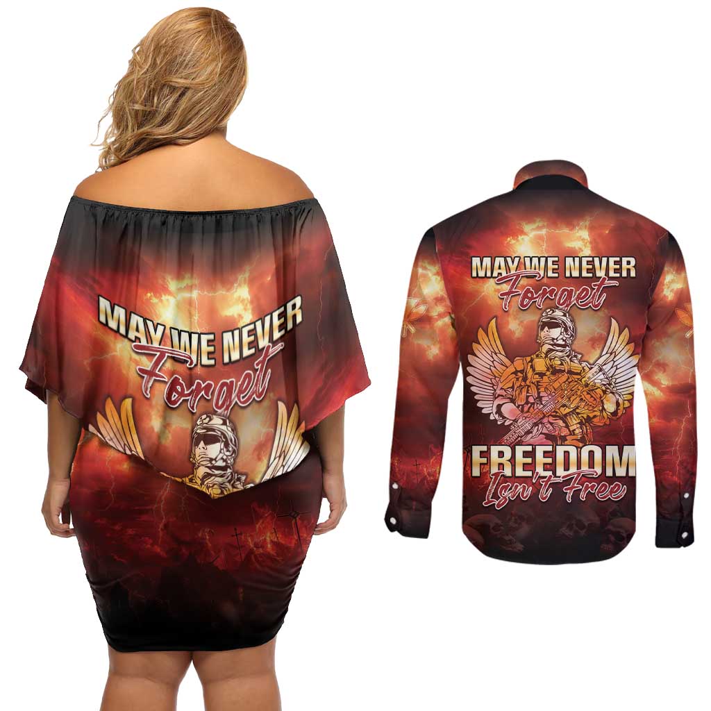 Hawaii Veterans Day Couples Matching Off Shoulder Short Dress and Long Sleeve Button Shirt May We Never Forget Freedom Isn't Free LT05 - Polynesian Pride