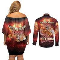 Hawaii Veterans Day Couples Matching Off Shoulder Short Dress and Long Sleeve Button Shirt May We Never Forget Freedom Isn't Free LT05 - Polynesian Pride