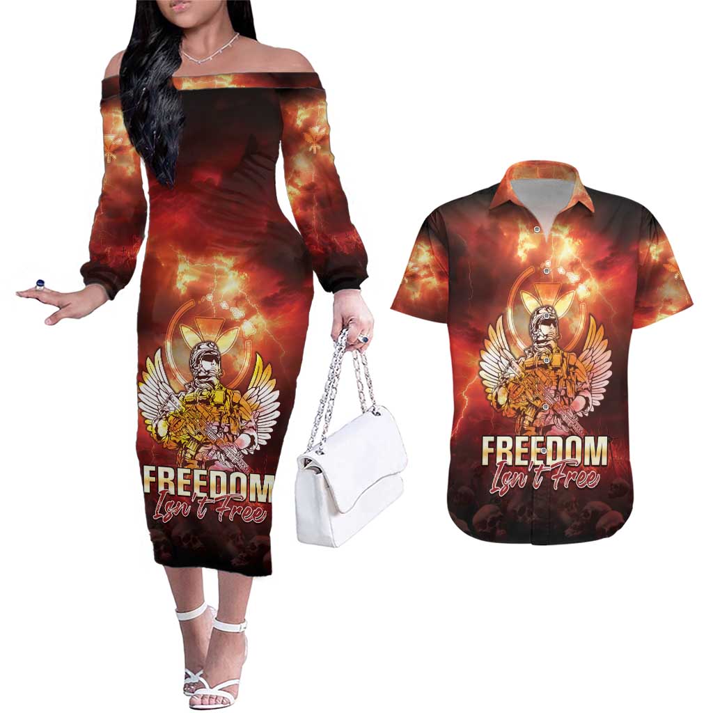 Hawaii Veterans Day Couples Matching Off The Shoulder Long Sleeve Dress and Hawaiian Shirt May We Never Forget Freedom Isn't Free LT05 Red - Polynesian Pride