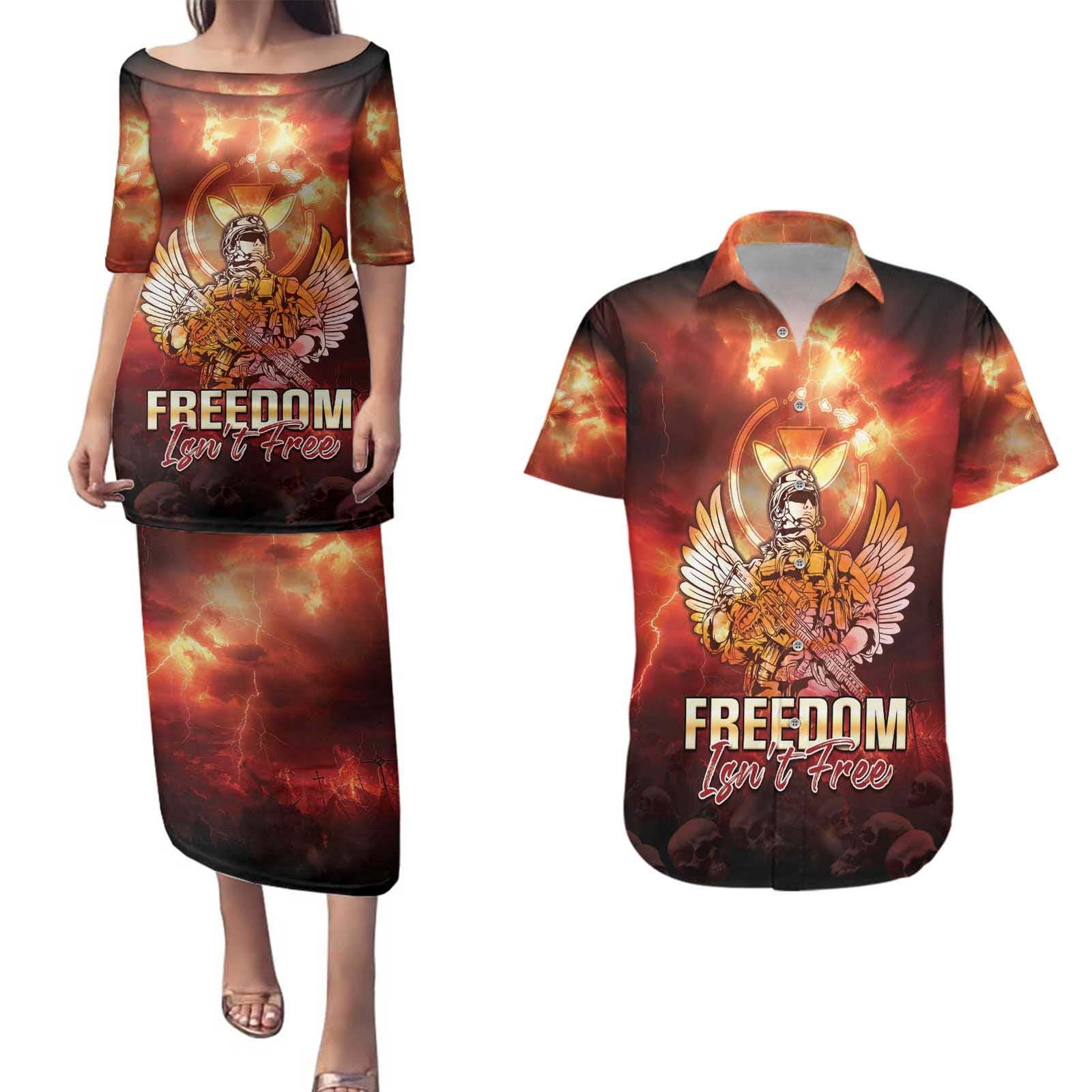 Hawaii Veterans Day Couples Matching Puletasi and Hawaiian Shirt May We Never Forget Freedom Isn't Free LT05 Red - Polynesian Pride