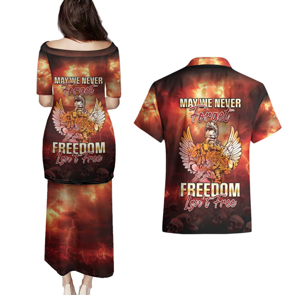 Hawaii Veterans Day Couples Matching Puletasi and Hawaiian Shirt May We Never Forget Freedom Isn't Free LT05 - Polynesian Pride