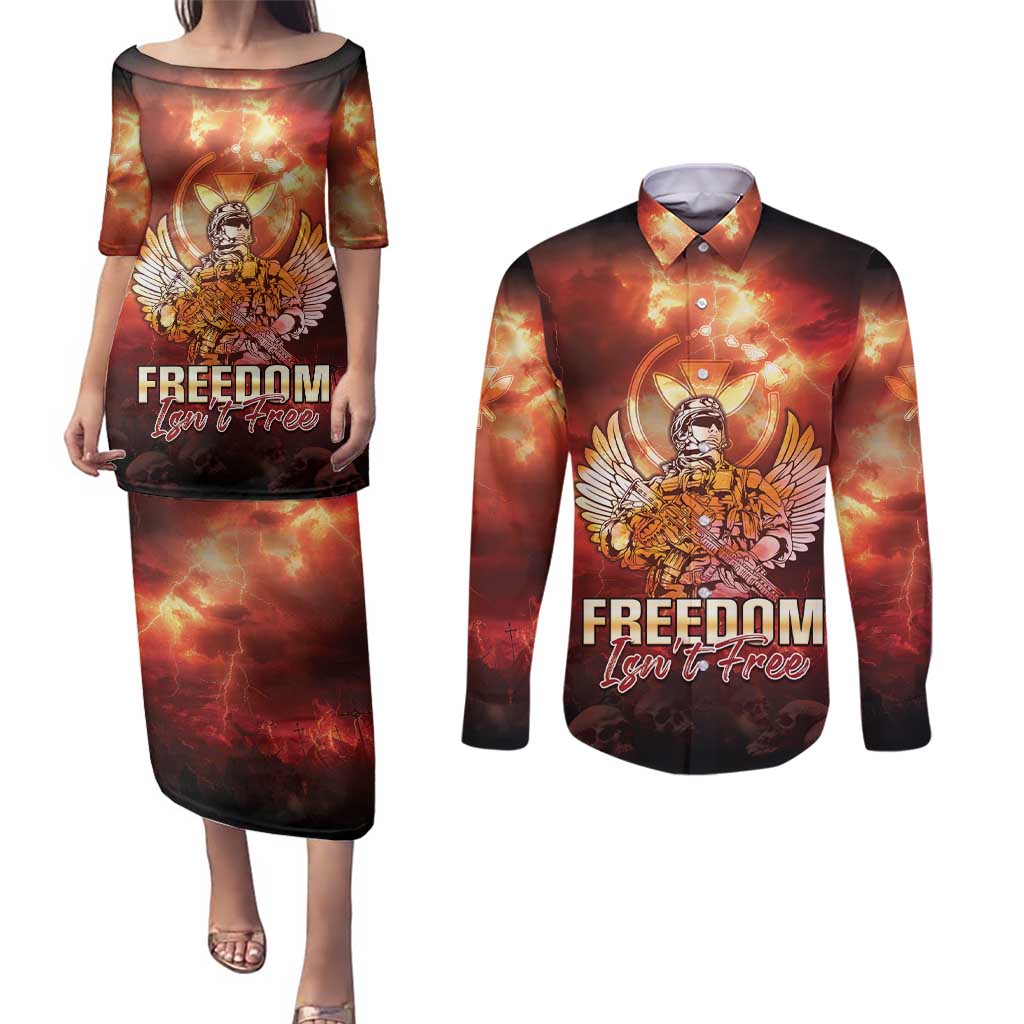Hawaii Veterans Day Couples Matching Puletasi and Long Sleeve Button Shirt May We Never Forget Freedom Isn't Free LT05 Red - Polynesian Pride