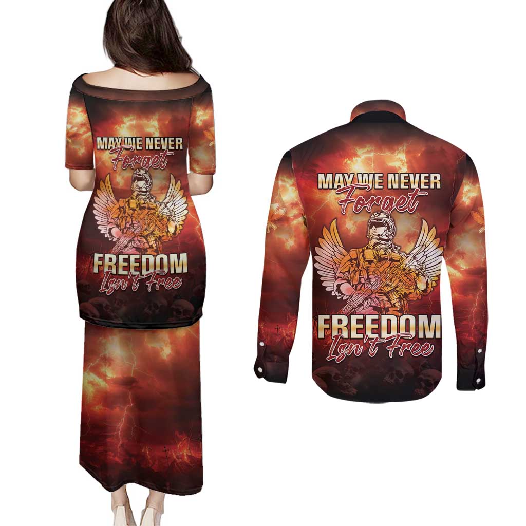 Hawaii Veterans Day Couples Matching Puletasi and Long Sleeve Button Shirt May We Never Forget Freedom Isn't Free LT05 - Polynesian Pride