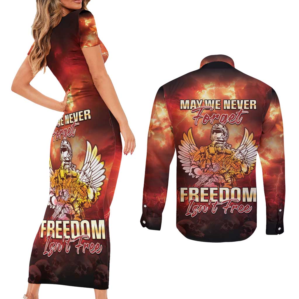 Hawaii Veterans Day Couples Matching Short Sleeve Bodycon Dress and Long Sleeve Button Shirt May We Never Forget Freedom Isn't Free LT05 - Polynesian Pride