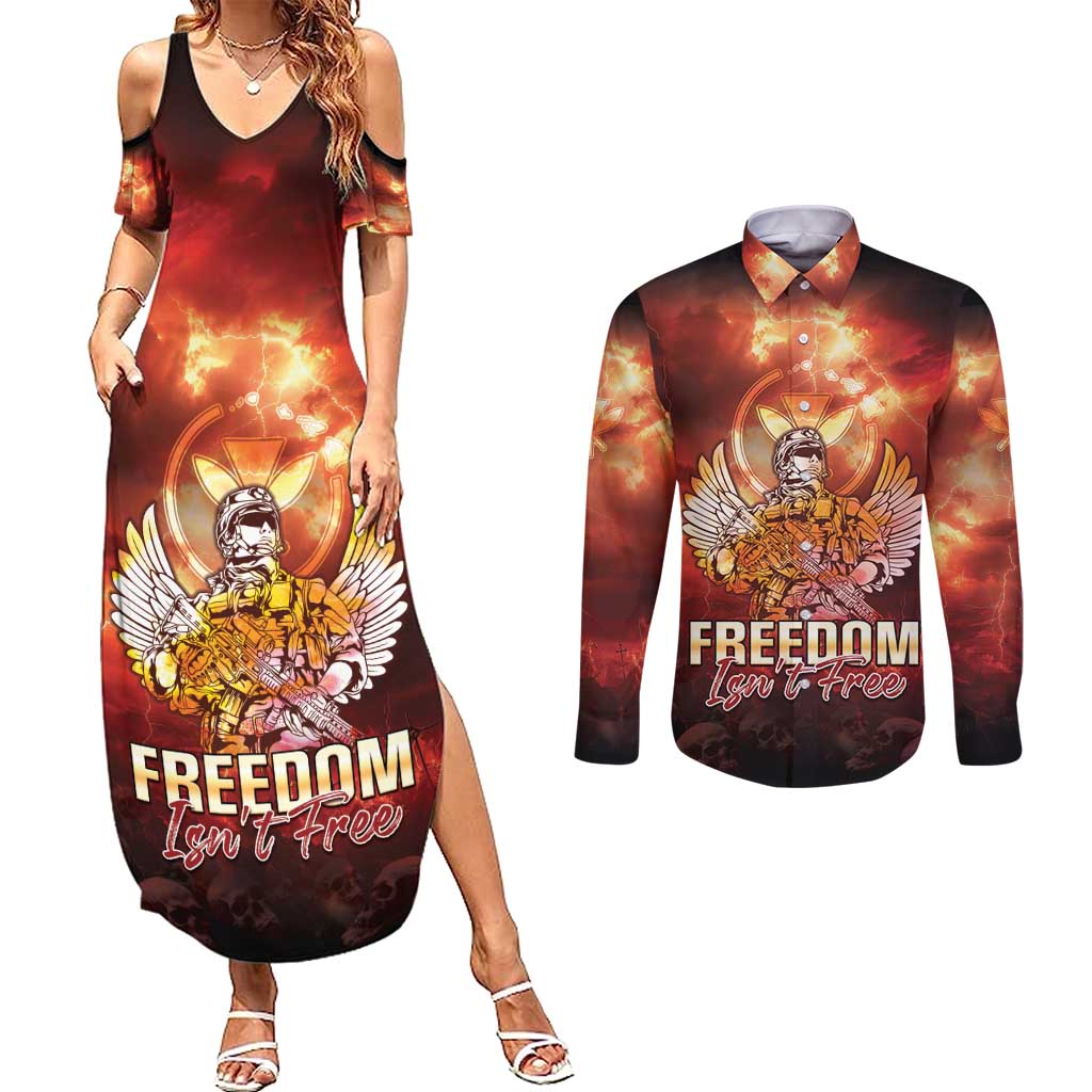 Hawaii Veterans Day Couples Matching Summer Maxi Dress and Long Sleeve Button Shirt May We Never Forget Freedom Isn't Free LT05 Red - Polynesian Pride