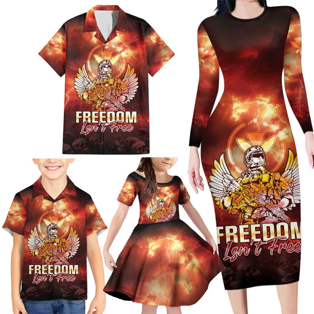 Hawaii Veterans Day Family Matching Long Sleeve Bodycon Dress and Hawaiian Shirt May We Never Forget Freedom Isn't Free